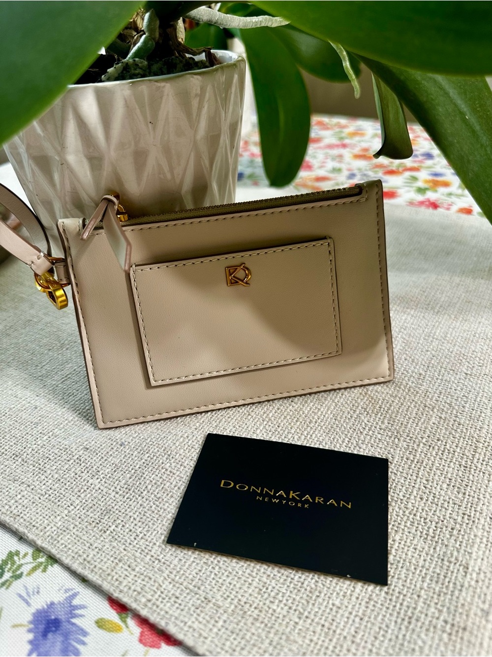 Donna Karan Nude Beige Leather Card Slot Wallet with Gold Logo